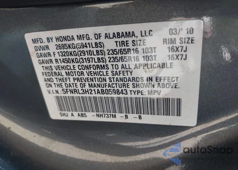 2010 Honda Odyssey Lx z USA, uszkodzony, nr VIN 5FNRL3H21AB059843
